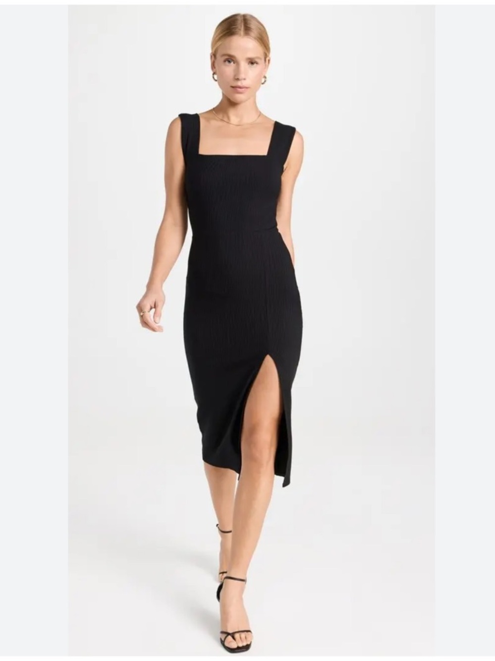 Reformation Cassi Black Ribbed Knit Midi Dress with Front Slit